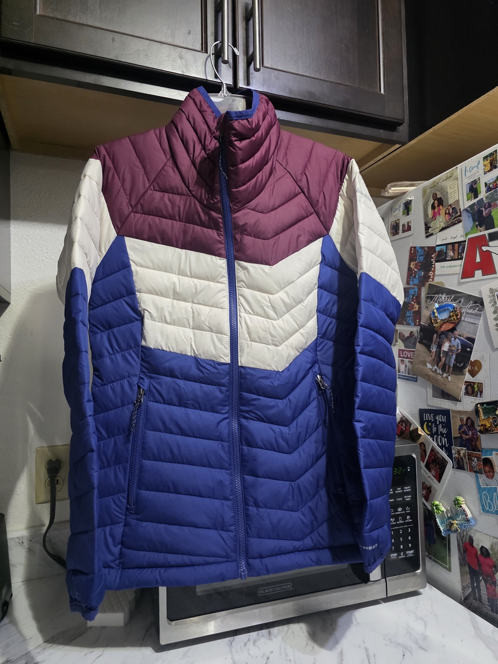 Columbia Colorblock Quilted Puffer Jacket - Blue, White, Burgundy Ladies Small